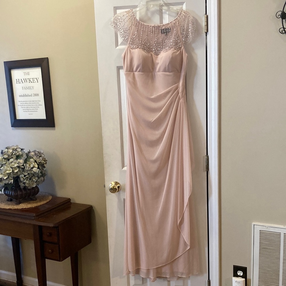 Beaded Round Neck Cap Illusion Sleeve Chiffon Gown